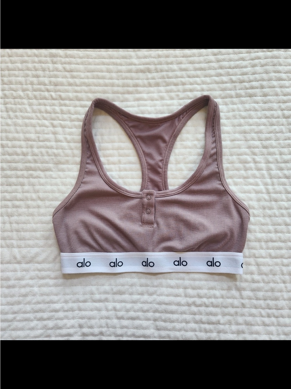 Alo Yoga crop top icon ribbed Henley Bra in a Smokey Quartz color size XS